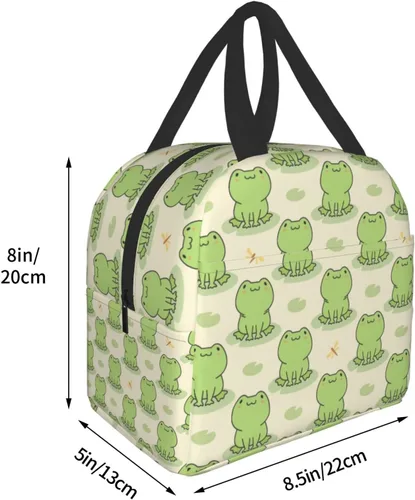 Vista 5 de Lonchera con diseño de rana y libélula, lonchera con aislamiento, reutilizable, impermeable, con bolsillo frontal para oficina, picnic, senderismo