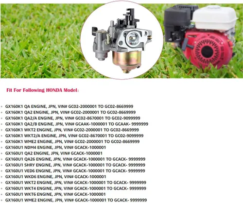 Vista 6 de Carburador Gx160 para Honda GX120 GX160 GX200 5.5HP 6.5 HP motor pequeño, reemplaza # 16100-ZH8-W61, incluye carcasa del filtro de aire con conjunto
