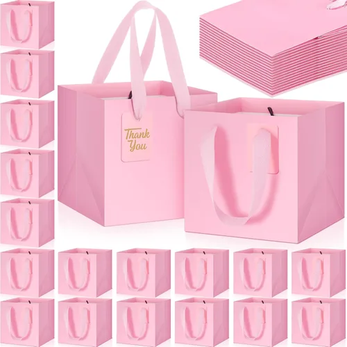 Vista 15 de Windyun 25 mini bolsas de regalo de papel con asa de 6 x 6 x 6 pulgadas, pequeñas bolsas cuadradas con etiqueta de agradecimiento para Navidad