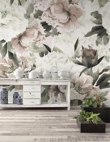 Vista 3 de Murwall Papel Pintado Floral, Peonías Flores Acuarela Murales de Pared