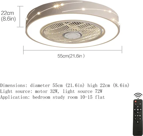 Vista 10 de Ventilador de techo con luz, LED de 22 pulgadas, modos de iluminación totalmente regulables con control remoto, cuchillas acrílicas invisibles