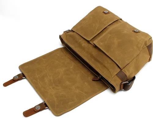 Vista 4 de HuaChen Mens Messenger Bag, Vintage Genuine Leather Waxed Canvas Shoulder Bag for 14" Laptop,Rugged Briefcase Satchel