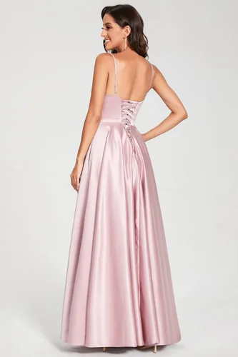Vista 2 de Vestidos de fiesta con cuello en V para mujer, vestido largo de fiesta de satén fruncido, vestido de noche con bolsillos CM139