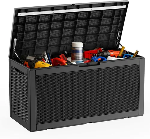 Vista 13 de DRATO Caja de almacenamiento para cubierta de 31 galones, caja de almacenamiento para exteriores para cojines de patio, herramientas de jardín, caja