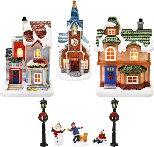 Vista 9 de MOMENTS IN TIME Christmas Village - Juego de 12 piezas, con luces LED, funciona con pilas (no incluidas)