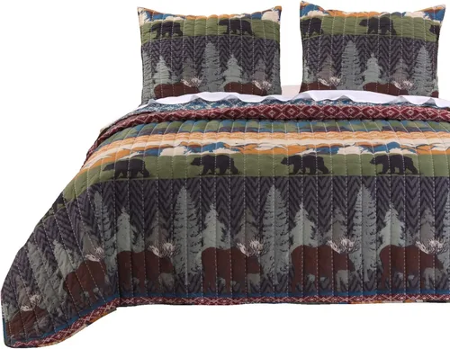 Vista 4 de Greenland Home juego de edredón con diseño de pinos y osos, negro, Algodón, Multicolor, gemelo