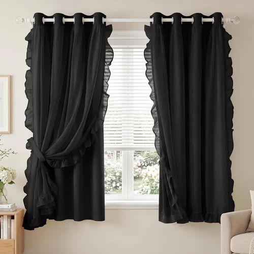 Vista 14 de PONY DANCE 100% Blackout Beige Curtains for Bedroom, Double Layer Room Darkening Drapes with White Ruffle Sheer Overlay, Boho Living Room Decor