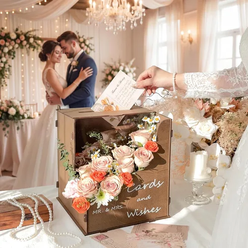 Vista 5 de OurWarm Caja de tarjetas de boda de madera con canal de flores onduladas, cajas de tarjetas de boda rústicas de color marrón para recepción