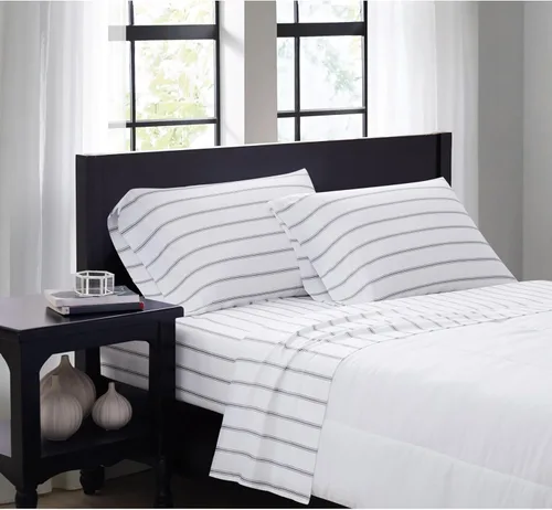 Vista 8 de TRULY SOFT Ticking Stripe - Juego de sábanas Queen de poliéster de 4 piezas, color blanco y azul marino, con temática de rayas, para hombres y Azul