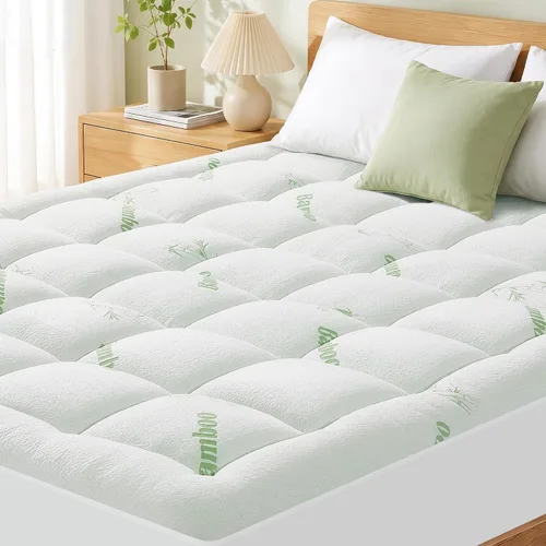 Vista 14 de Protector de colchón tamaño Queen, parte superior de almohada refrescante, viscosa ultra suave hecha de bambú, transpirable para personas que Verde