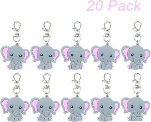 Vista 3 de Paquete de 20 llaveros de elefante rosa para adultos + etiquetas Kraft de agradecimiento para fiesta temática de elefantes, suministros de fiesta