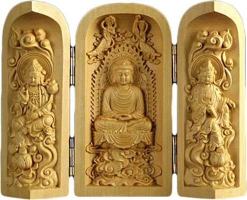 Vista 3 de Caja de oración de budismo tibetano tallado en madera de boj natural (1000 brazos Avalokiteshvara Diosa)