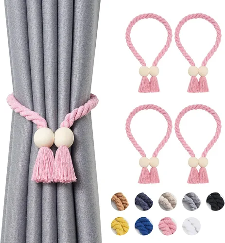 Vista 24 de NICEEC 2 Pack de Alzapaños Magnéticos de Madera en Forma de Cubo Boho para Decoración del Hogar, Alzapaños de Lino Tejidos a Mano para Cortinas Beige