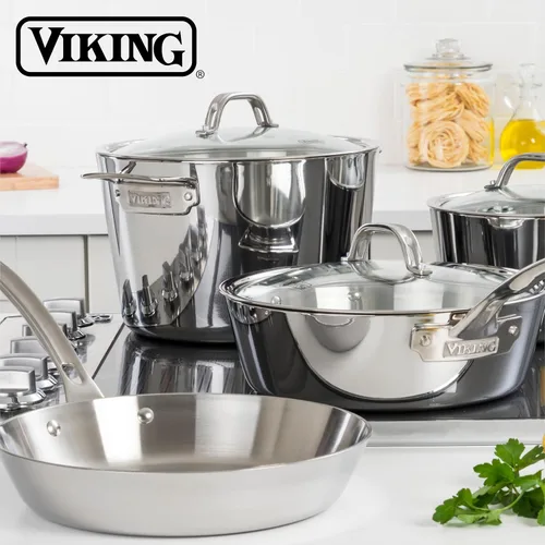 Vista 6 de Viking Olla de Cocción Contemporánea de Acero Inoxidable de 3 Capas, Olla para Sopa de 8 Cuartos con Tapa, Utensilios de Cocina