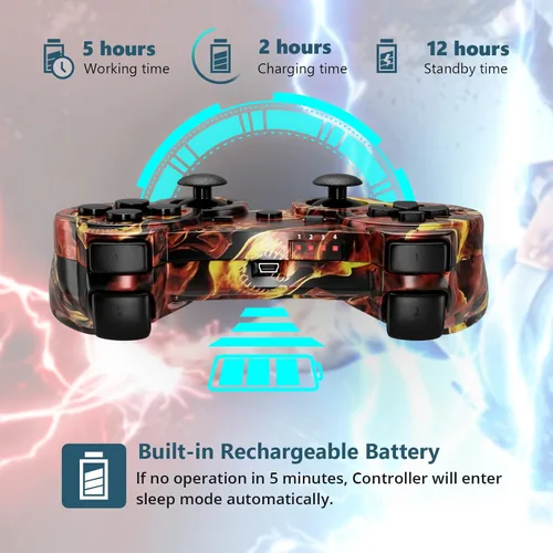Vista 6 de Kujian Controller for PS3, Wireless Controller for Playstation 3 6-axis Dual Vibration Gaming Controller with Charging Cord(Blaze Skull+Blue punk)