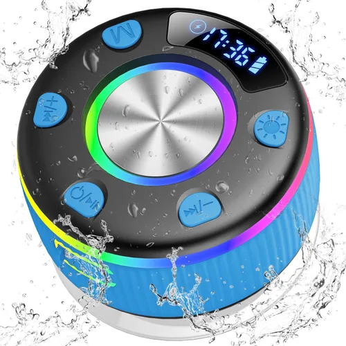Vista 13 de Altavoz de ducha Bluetooth, IP7 impermeable, portátil, Bluetooth 5.3 con ventosa, mini altavoz inalámbrico con luces RGB, pantalla de tiempo, sonido