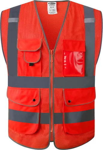 Vista 9 de JKSafety Chaleco de seguridad frontal con cremallera de alta visibilidad Clase 2 de 9 bolsillos con tiras reflectantes, cumple con las normas