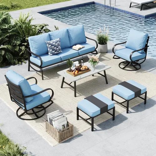 Vista 43 de MFSTUDIO Juegos de muebles de patio, sofás de conversación de metal para exteriores con 1 sofá de 3 asientos para jardín, cojín beige