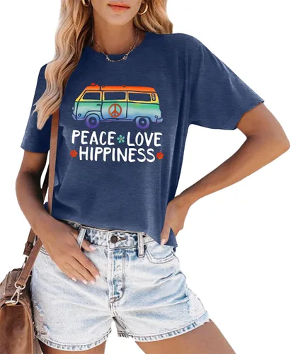 Vista 2 de Camiseta de amor con signo de paz para mujer, camiseta con estampado de flores, hippie de manga corta de los años 60 y 70, camiseta inspiradora
