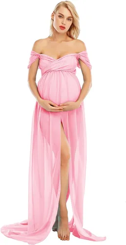 Vista 3 de ZIUMUDY Vestido de gasa de maternidad con hombros descubiertos para sesión de fotos, vestido largo de encaje frontal dividido para fotografía