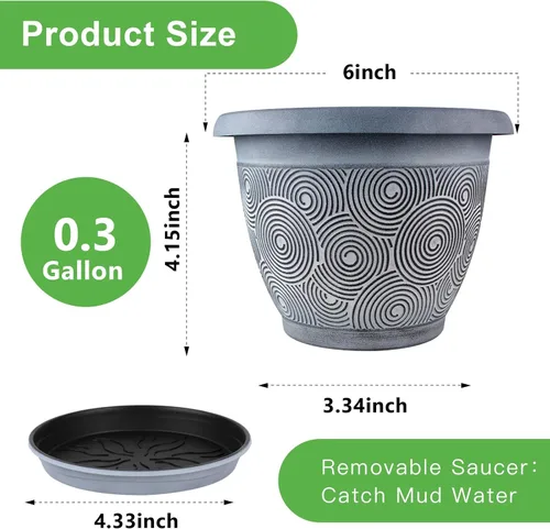 Vista 3 de Fodetyff Macetas de 6 Pulgadas para Plantas de Interior y Exterior, Juego de 6 Macetas Pequeñas de Plástico con Agujero de Drenaje y Bandeja, Maceta