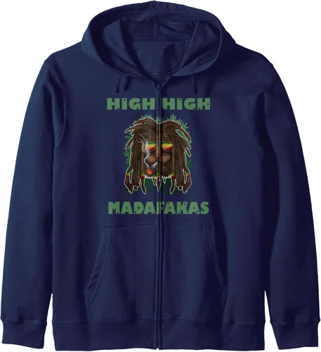 Vista 4 de High High Madafakas Rasta Cat Cannabis Weed Marihuana Joint Zip Hoodie