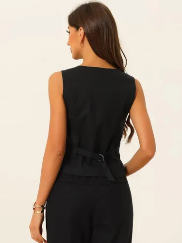 Vista 3 de Allegra K Chaleco para mujer, de verano, algodón, lino, sin mangas, con botones, cuello en V, totalmente forrado, chalecos recortados Negro