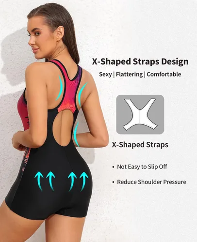 Vista 55 de beautyin - Traje de baño para mujer, traje de baño aeróbico y de competición de una pieza, estilo pantalón corto