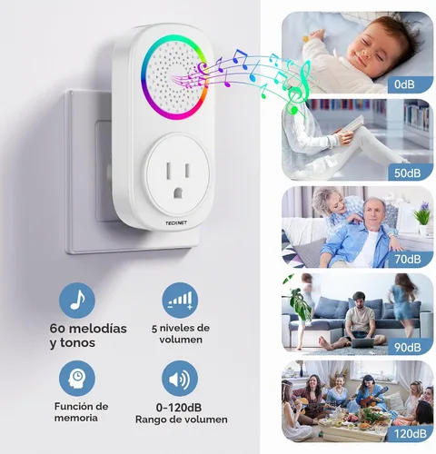 Vista 3 de TECKNET Kit de timbre inalámbrico autoalimentado, timbre de puerta enchufable con luz RGB, 60 campanillas y 5 niveles de volumen, timbre de aula