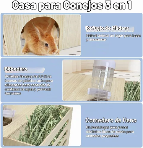 Vista 4 de Hamiledyi Escondite de conejillo de indias con alimentador de heno y botella de agua, casa de chinchilla de madera natural, castillo de conejo
