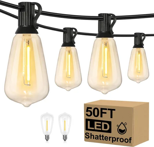 Vista 21 de Brightever Luces de Cadena para Exteriores de 25 Pies, Luces de Patio ST38 con 13 Bombillas Edison, Luces Colgantes Impermeables Conectables