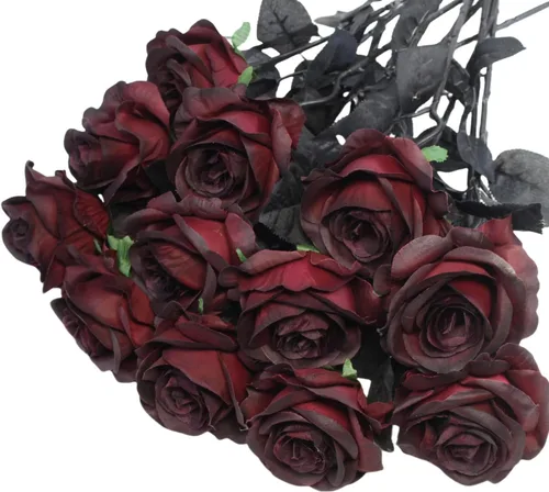 Vista 10 de Rosas artificiales negras, 12 piezas de rosas falsas a granel, ramo de rosas de seda realistas de tallo largo para centros de mesa, arreglos