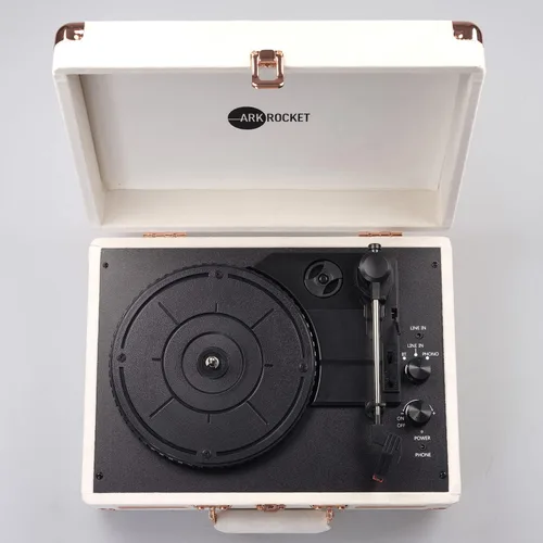 Vista 4 de Arkrocket - Tocadiscos Bluetooth Curiosity, diseño retro de maleta, tocadiscos de 3 velocidades con altavoces integrados (terciopelo marfil)