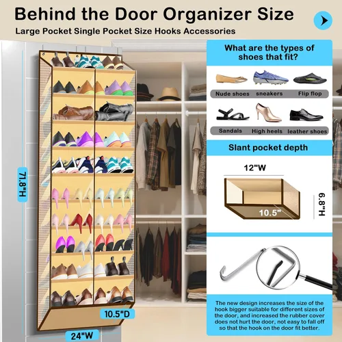 Vista 2 de Kotkn Organizador de zapatos de 10 niveles sobre la puerta, 20 bolsillos con capacidad para 20 a 30 pares, tela Oxford resistente con malla