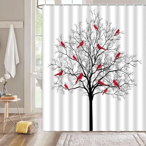 Vista 10 de Cortina de ducha pequeña, árbol, pájaro, ciervo, bosque, cabaña de árbol, vida silvestre, naturaleza, escénico, rústico, invierno, vacaciones