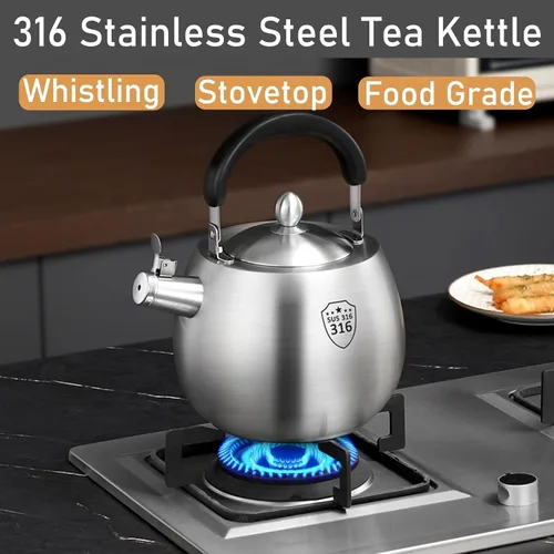 Vista 2 de Hervidor de té, hervidor de té resistente, tetera silbante, tetera de acero inoxidable 316, parte inferior sin costuras, mango plegable, acabado