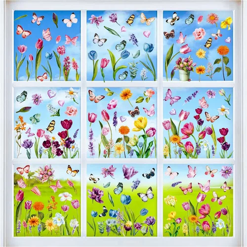 Vista 7 de Calcomanías de primavera para ventana, encanta tus ventanas de cristal con 127 piezas en 9 hojas, diseños de tulipanes, mariposas y flores para una