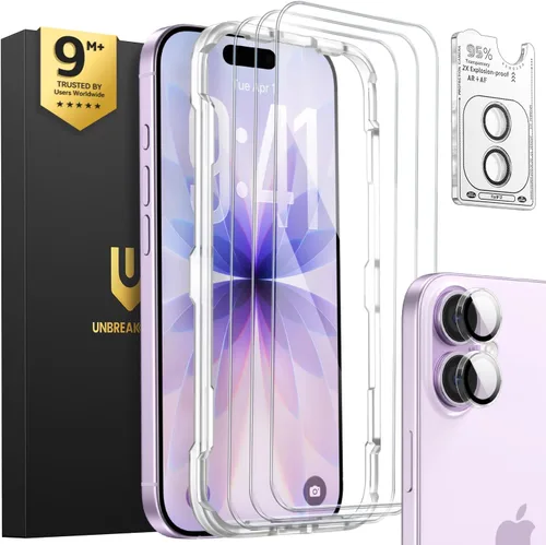 Vista 20 de UNBREAKcable Paquete de 3 protectores de pantalla para iPhone 15, 3 de vidrio templado + 3 protectores para lente de cámara, dureza 9H, claridad HD