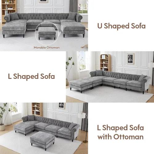 Vista 4 de ORRD Sofá Chesterfield en Forma de U, Sofá Seccional de Lino de Gran Tamaño, Sofá Chaise Otomano Tapizado con Acentos Capitoné con Reposabrazos