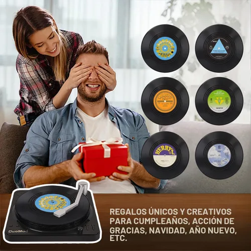 Vista 4 de Divertidos posavasos retro para bebidas con soporte para reproductor de vinilo, juego de 6 posavasos de elefante blanco para amantes de la música