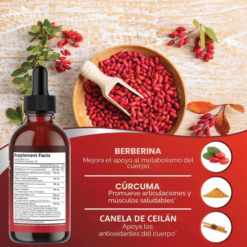 Vista 6 de Berberina con Suplemento de Canela de Ceilán Gotas Líquidas + Extracto de Melón Amargo, Glucomanano, Gymnema, Cromo, Cúrcuma, Panax Ginseng, Moringa