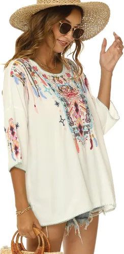 Vista 6 de Higustar Blusas bordadas mexicanas para mujer, estilo bohemio, estilo bohemio, tallas grandes, ropa campesina, blusas