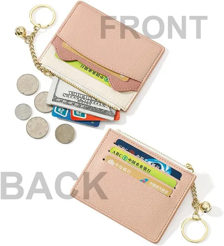 Vista 30 de Tarjetero delgado con bloqueo RFID, billetera de bolsillo pequeño, con cremallera Keychian para monedero, monedero y tarjetero para mujeres y hombres