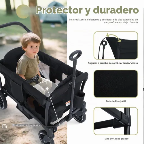 Vista 4 de Kinder King Cochecito Wagon para 2 niños, barra de empuje/tracción Negro