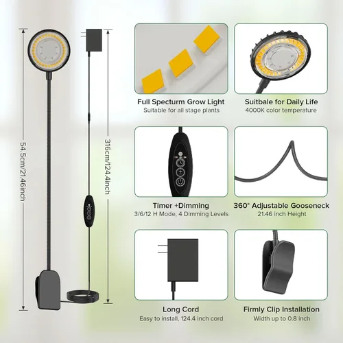 Vista 2 de Luz de cultivo con clip de 12 W para plantas de interior, luz de planta con clip de maceta con cuello de cisne flexible, luz de crecimiento pequeño