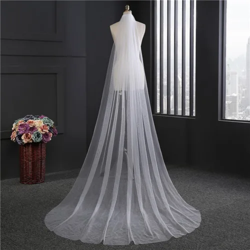Vista 4 de TENDYCOCO Velo largo de boda de una sola capa suave tul catedral capilla piso velos con peine, Blanco