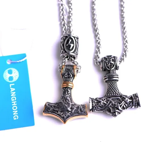 Vista 6 de Collar de martillo de Thor vikingo nórdico Mjolnir para hombre, joyería de talismán