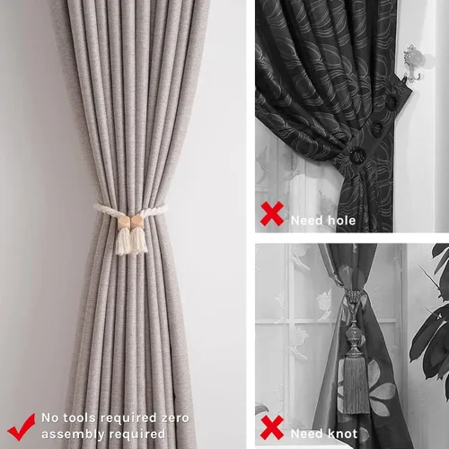 Vista 3 de NICEEC 2 Pack de Alzapaños Magnéticos de Madera en Forma de Cubo Boho para Decoración del Hogar, Alzapaños de Lino Tejidos a Mano para Cortinas Beige