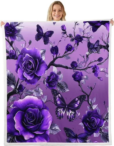 Vista 8 de Manta de franela azul rosa para todas las estaciones, manta de cama gótica de mariposa para decoración del hogar kawaii, manta rústica con flores