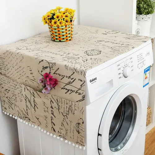 Vista 5 de vctops Funda de algodón y lino con estampado bohemio para nevera, a prueba de polvo, pompones, cubierta superior de lavadora multiusos con 6
